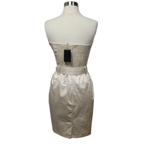 NWT TCEC Beige Strapless Belted Smocked Sweetheart Pockets Mini Dress Medium - Picture 5 of 11